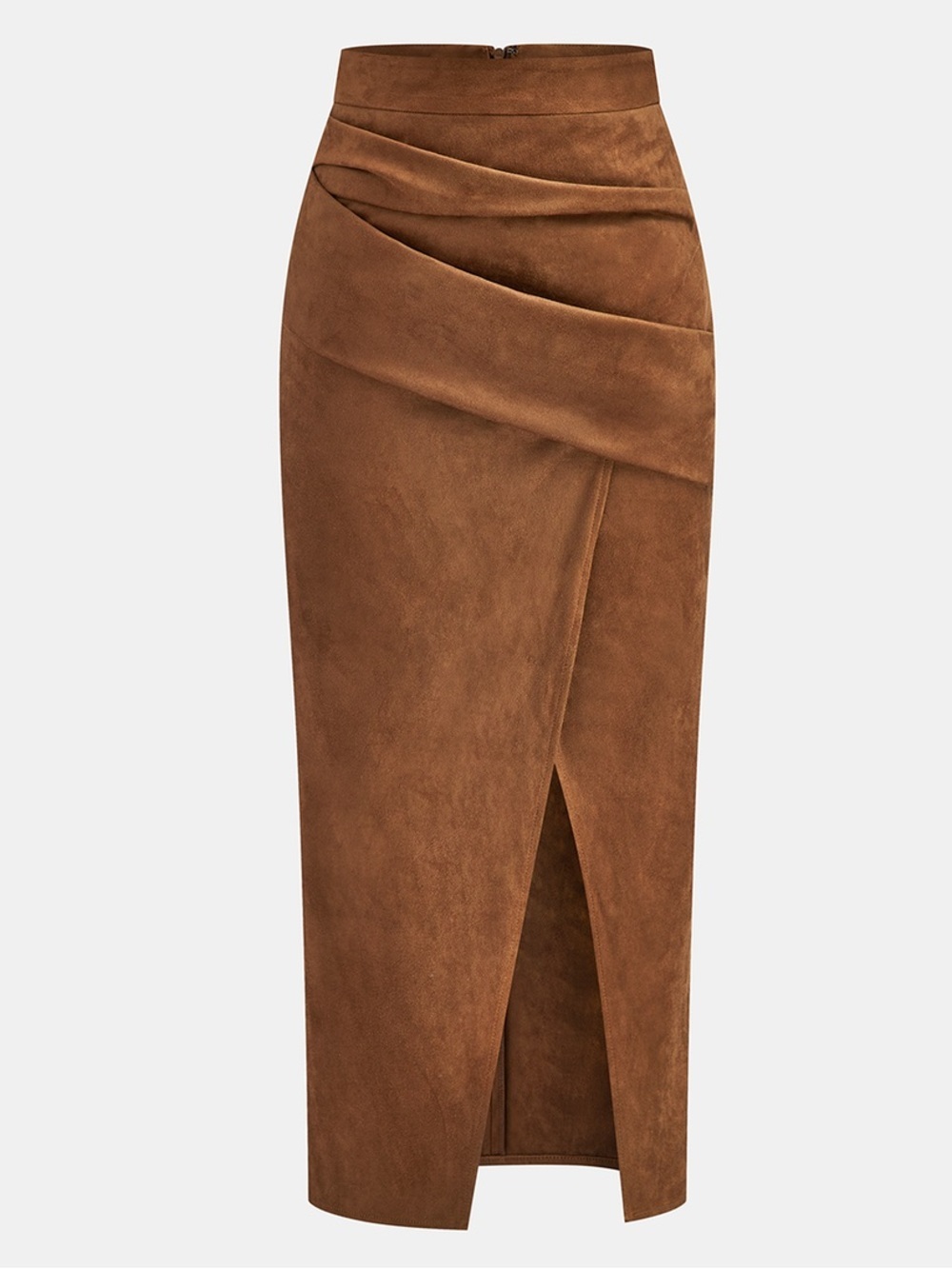 NWT - Commense Draped Slit Suede Effect Midi Skirt in Light Brown - Size L